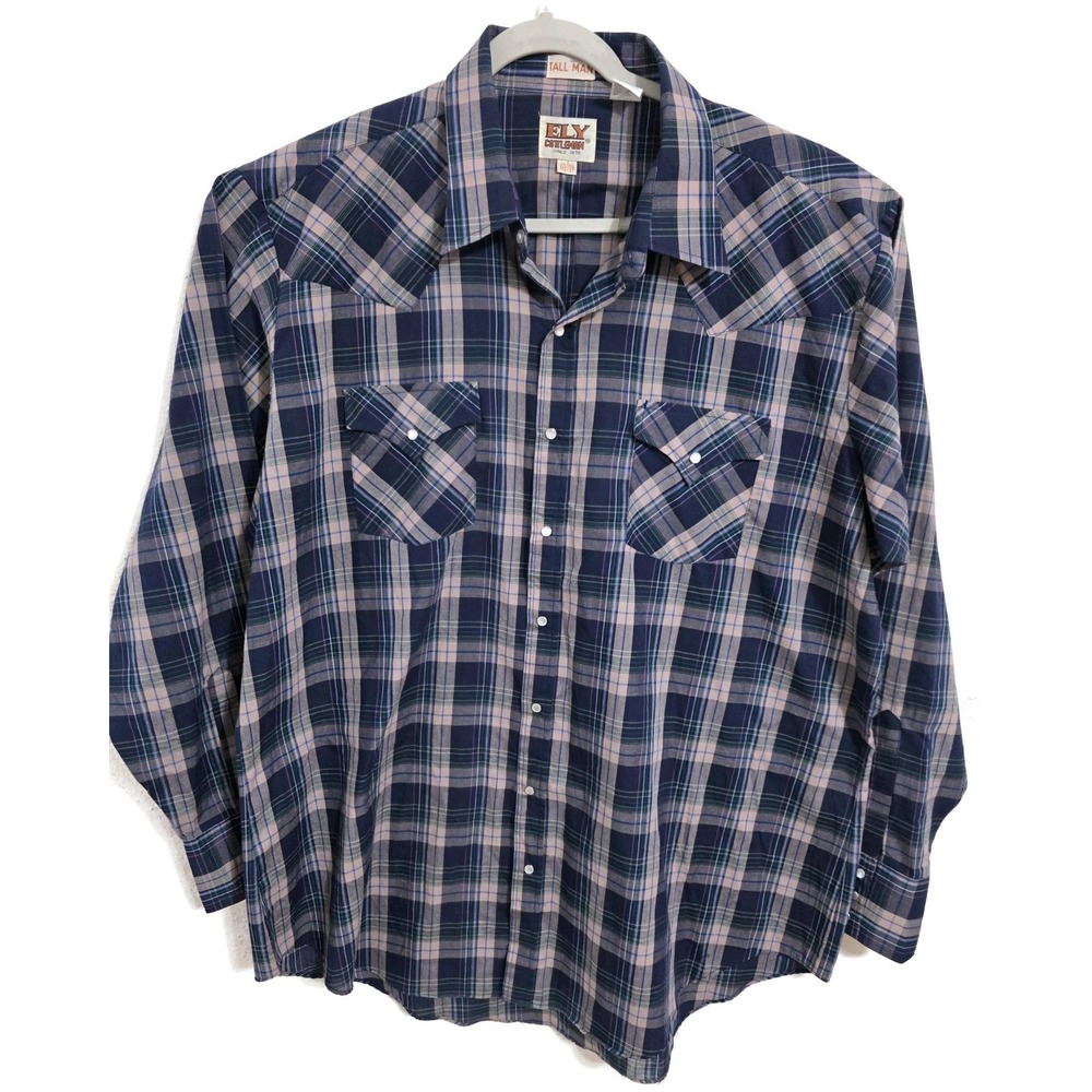 Ely Cattleman Shirt Mens 2XLT Blue Plaid Long Sleeve Snap‎ Front Western